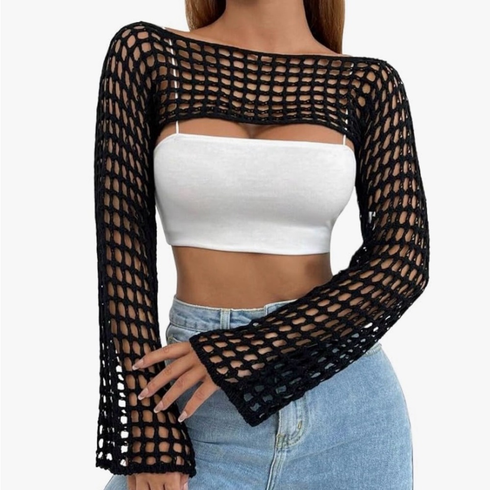 Black Crochet Mesh Long-Sleeve Crop Top